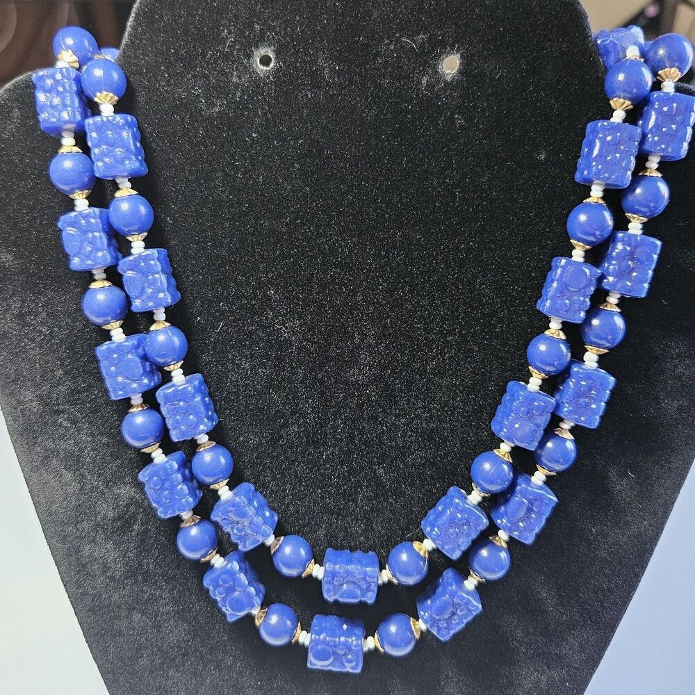 Blue Gold Tone And White Layered Beaded Vintage Necklace 18-20"
